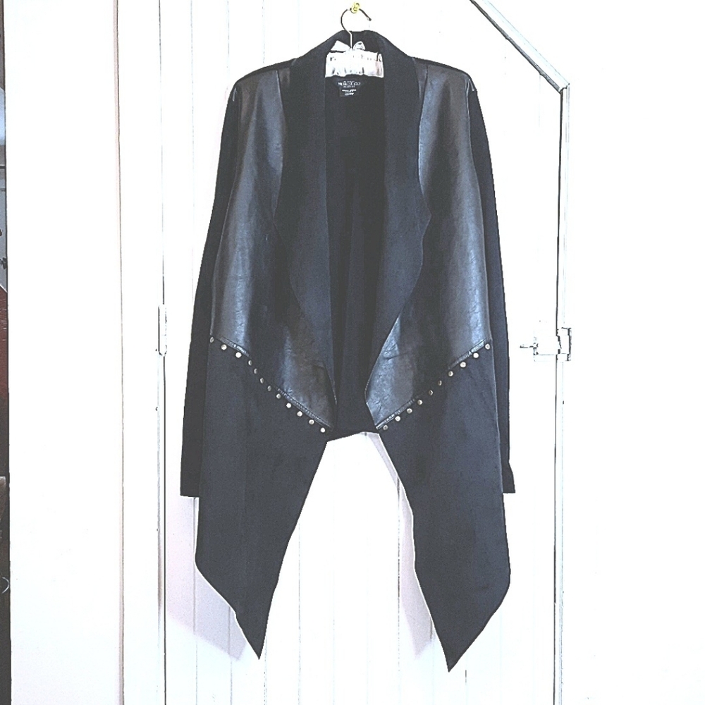Black Faux Leather and Knit Jacket, Waterfall Style